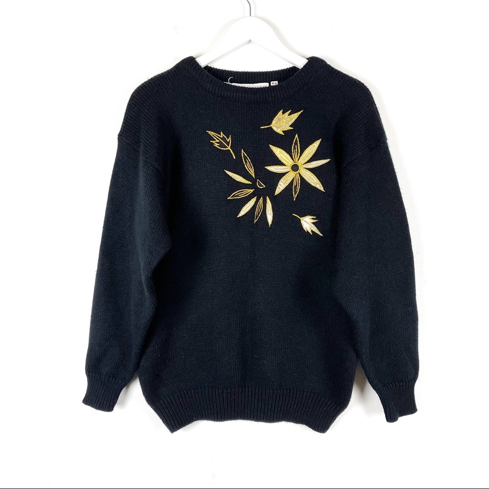 Vintage Black Knit Sweater with Gold Appliqué